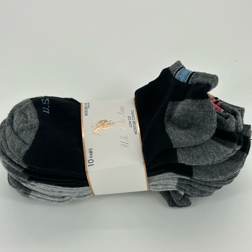 US Polo‎ Assn 10 Pack Low Cut Ankle Socks Size 4-10 NEW with Tags Black Gray